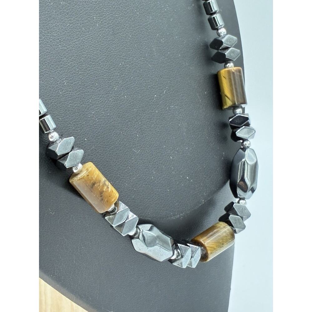 Vintage Hematite Tiger Eye Bead Necklace Barrel Clasp Magnetic Stone 17" - Picture 3 of 6
